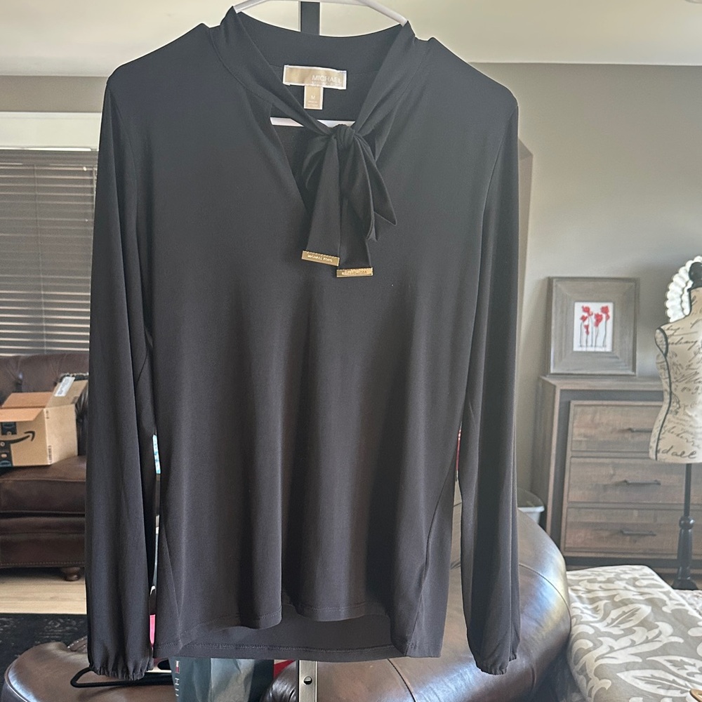 Michael Kors Black Tie-Neck Blouse